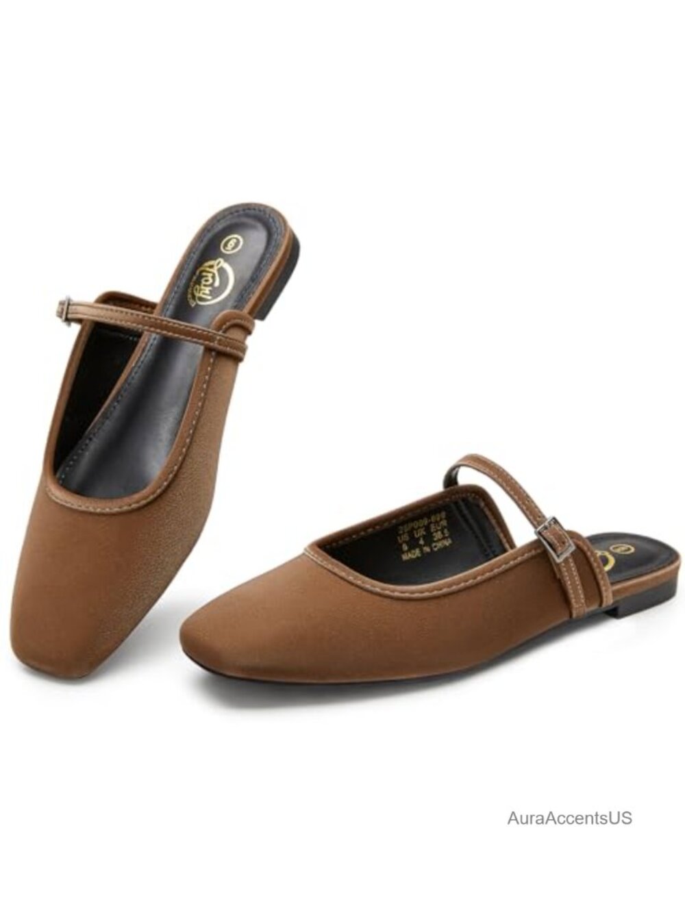 Mary Jane Mule Flats Square Toe Slip On Adjustable Strap Shoes